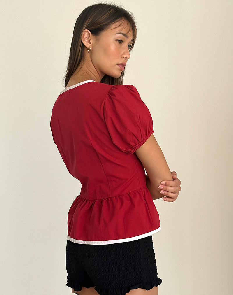 Ryota Tie Front Blouse in Adrenaline Red with Pink Binding