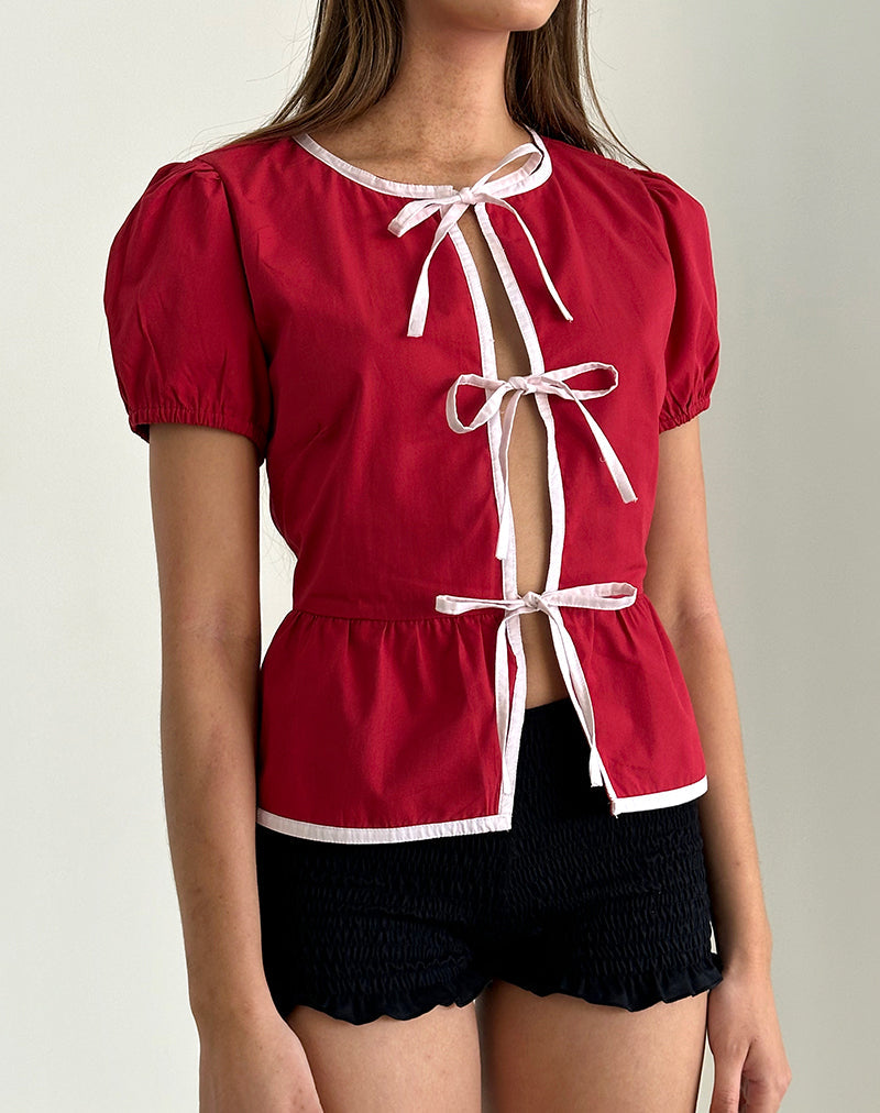 Ryota Tie Front Blouse in Adrenaline Red with Pink Binding