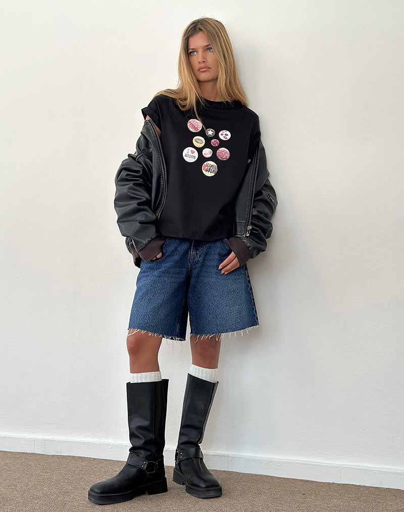 Saki Tee in Black with Badges Graphic