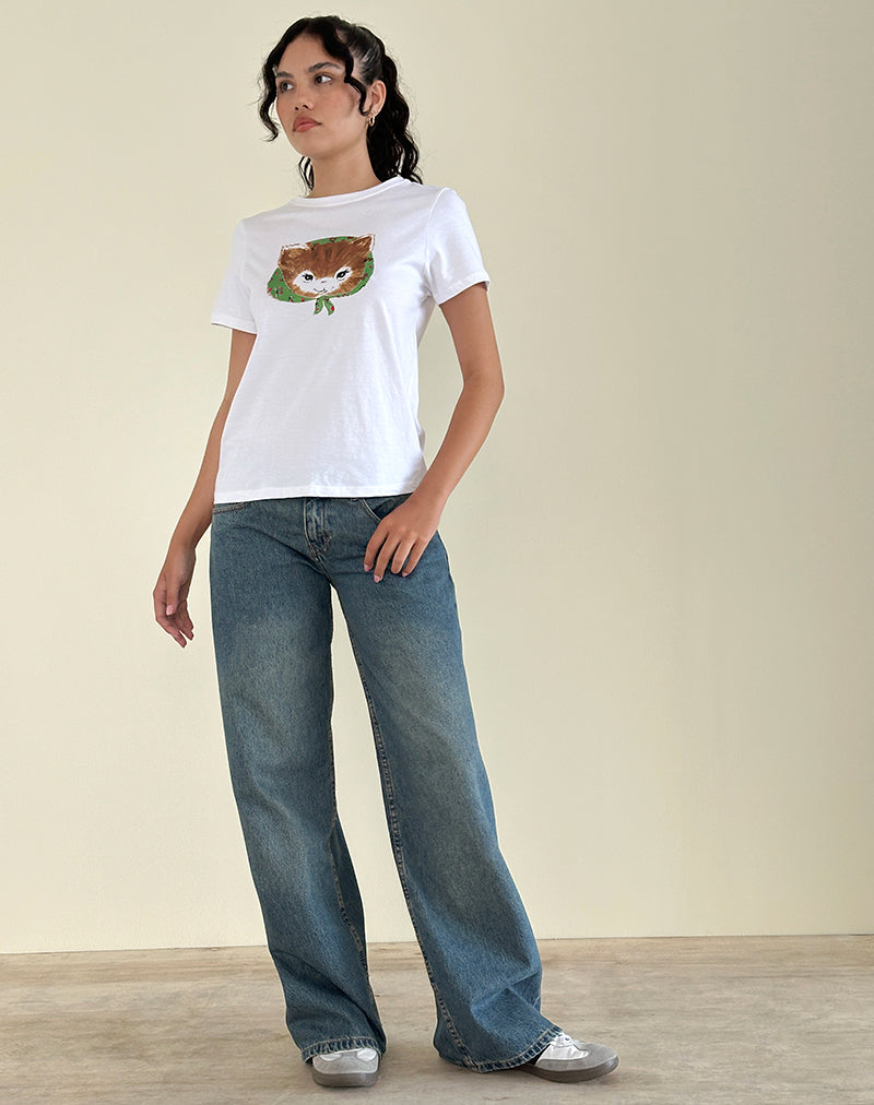 Saki White Tee in Kitty Print