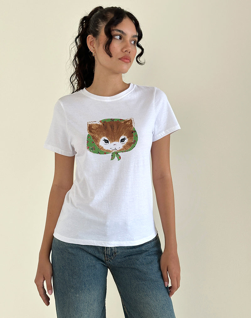 Saki White Tee in Kitty Print