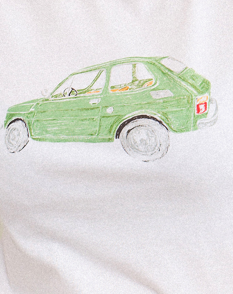 Saki Tee in White with Green Car