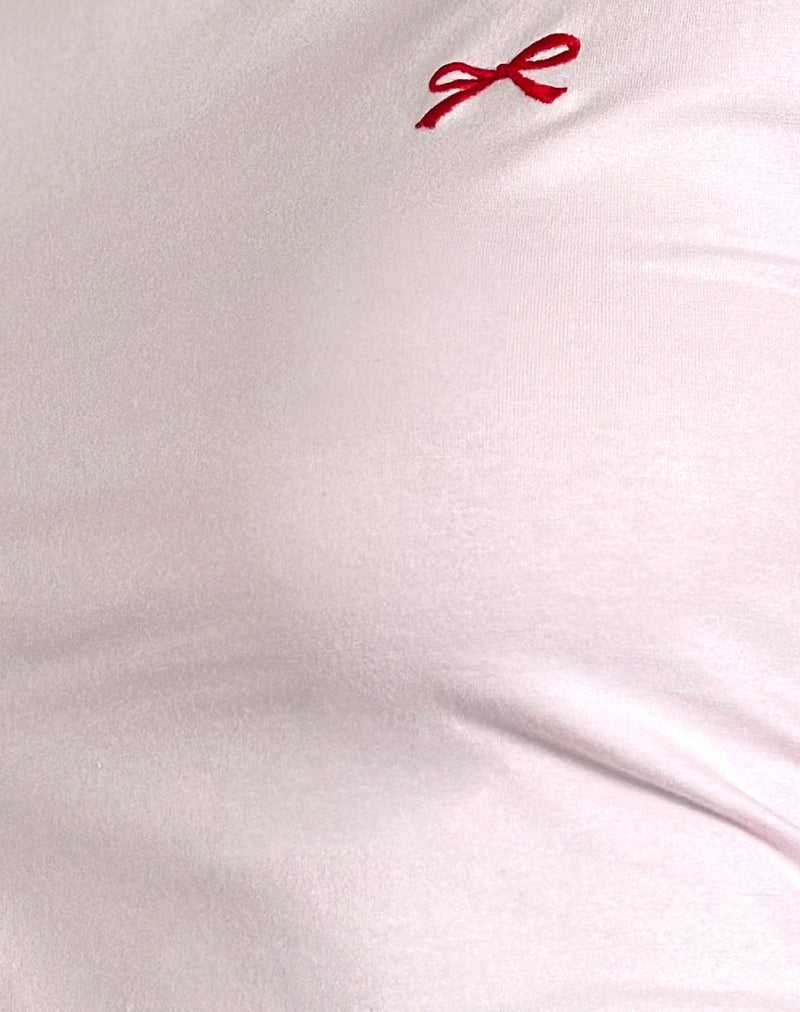 Salda Top in Light Pink with Adrenaline Red Binding and Bow Embroidery