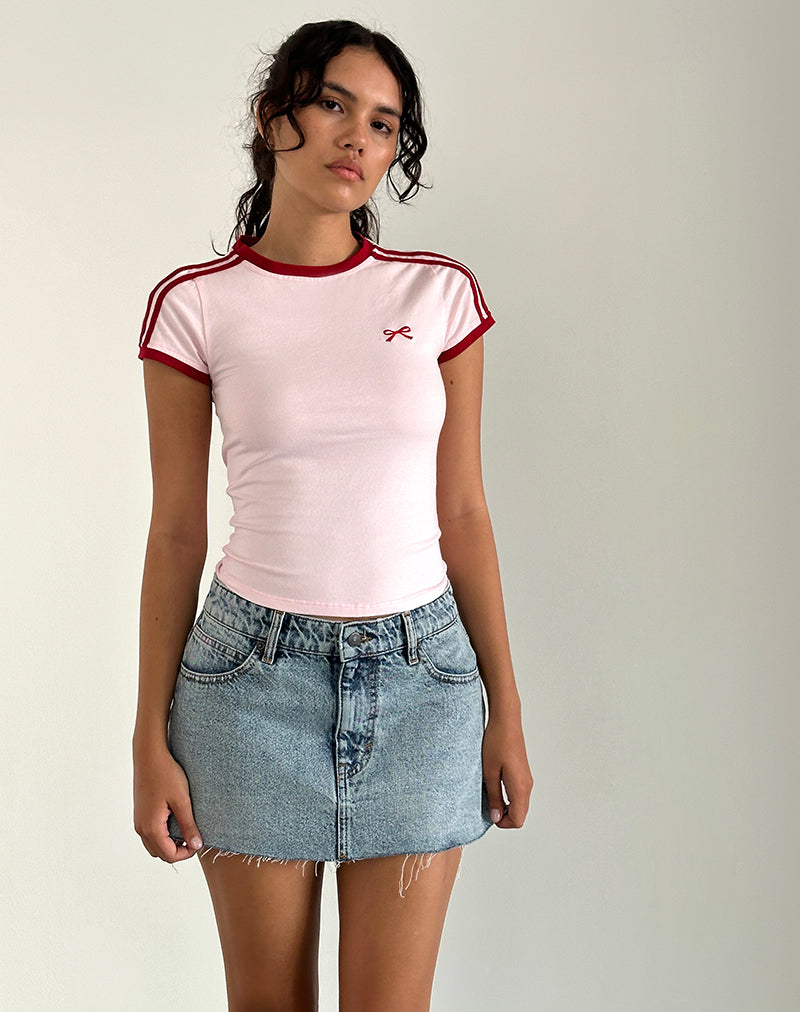 Salda Top in Light Pink with Adrenaline Red Binding and Bow Embroidery
