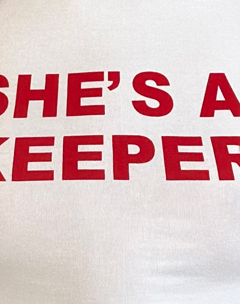 Salda Tee in White with She's a Keeper and Tango Red Binding
