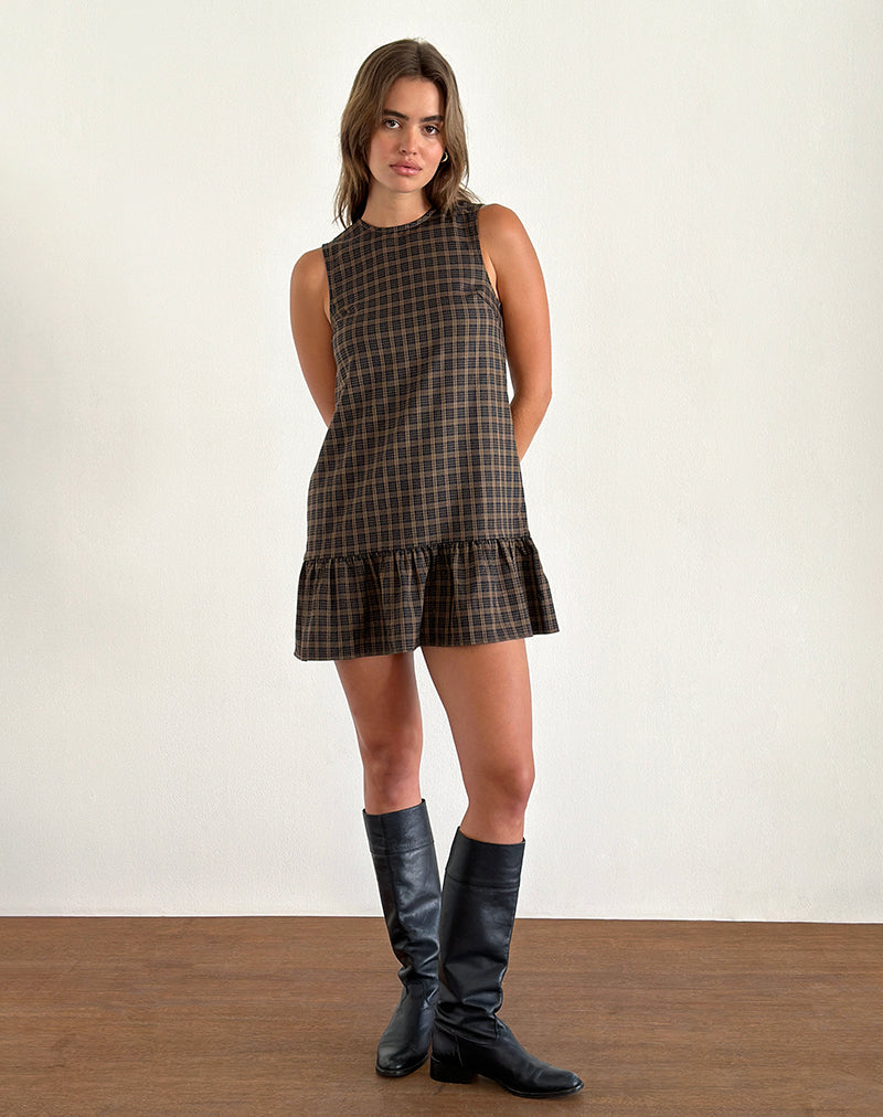 Samana Babydoll Mini Dress in Check Dark Brown