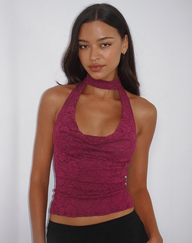 Samwell Halterneck Top in Paisley Lace Burgundy