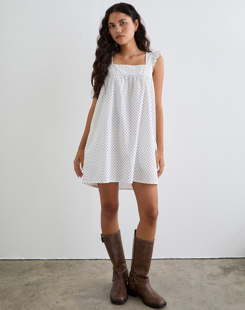 Sanaly Mini Dress in White with Black Micro Polka