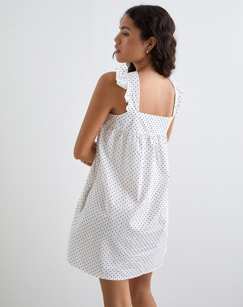 Sanaly Mini Dress in White with Black Micro Polka