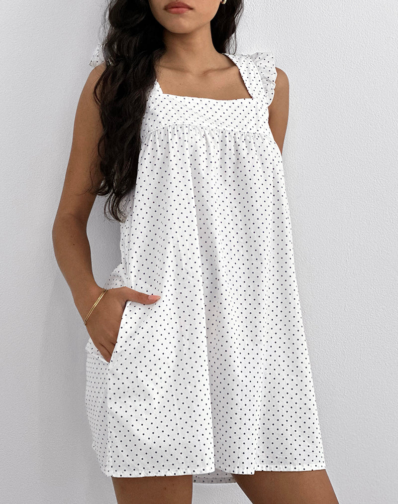 Sanaly Mini Dress in White with Black Micro Polka