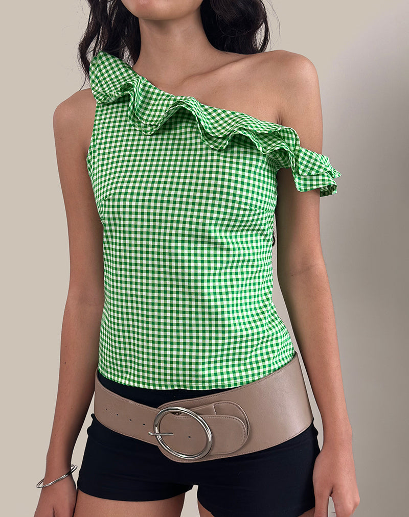 Sanamu Frill Top in Mini Gingham Green