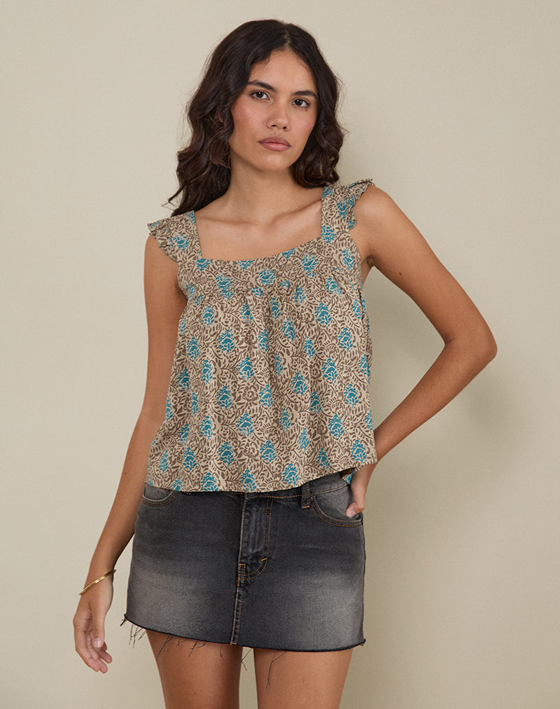 Sanula Top in Blue and Brown Floral Bohemian Batik