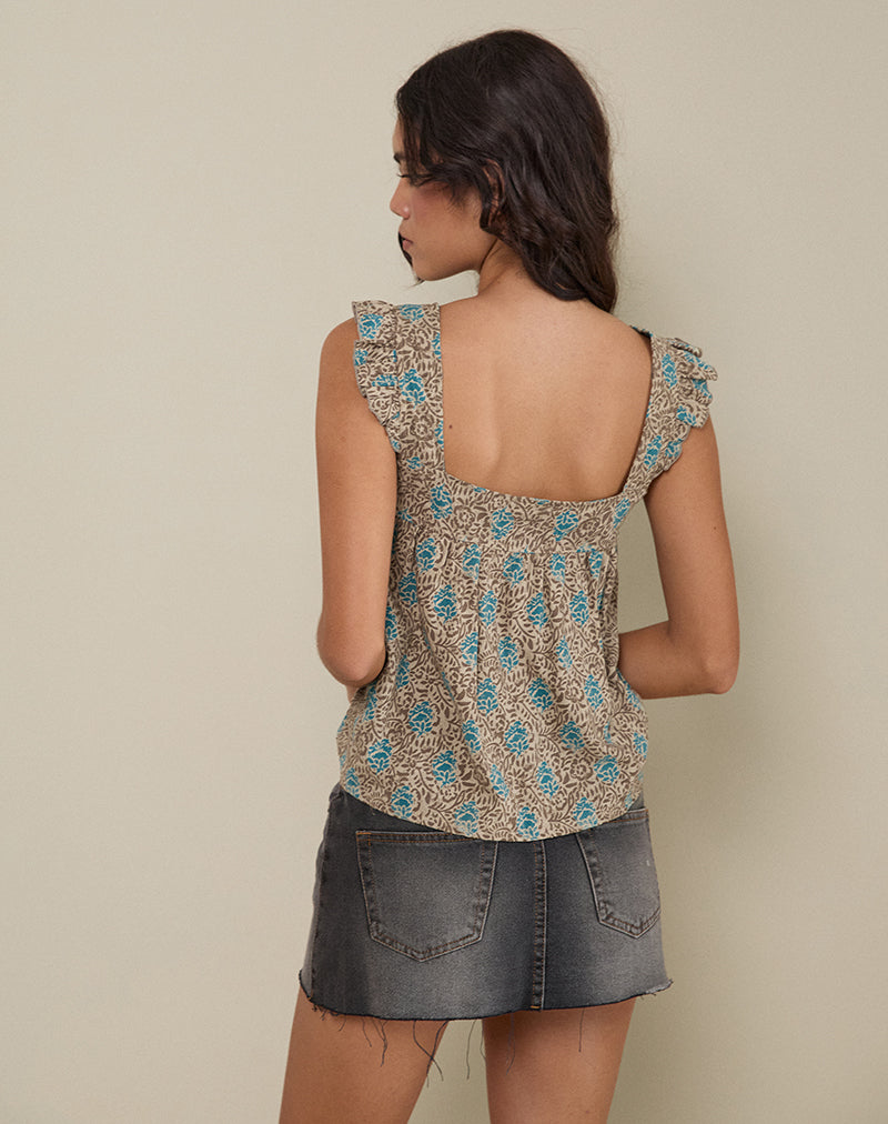 Sanula Top in Blue and Brown Floral Bohemian Batik