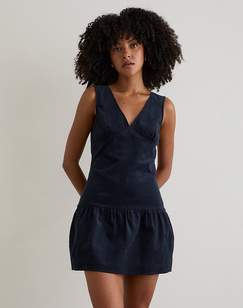 Sarabi Plunge Mini Dress in Cord Navy