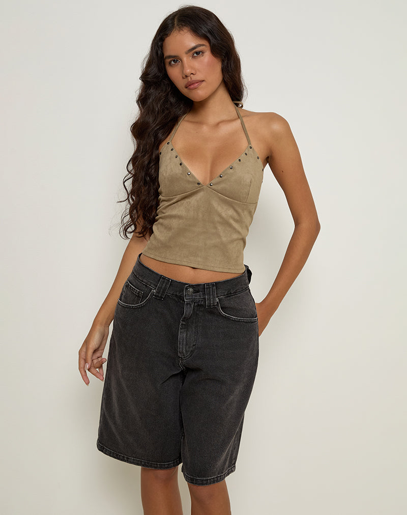 Cressa Top in Faux Suede Mushroom Grey