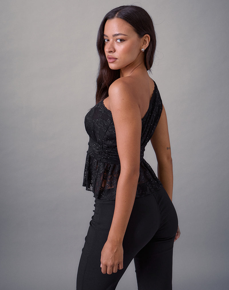 Sayong One Shoulder Top in Floral Lace Black