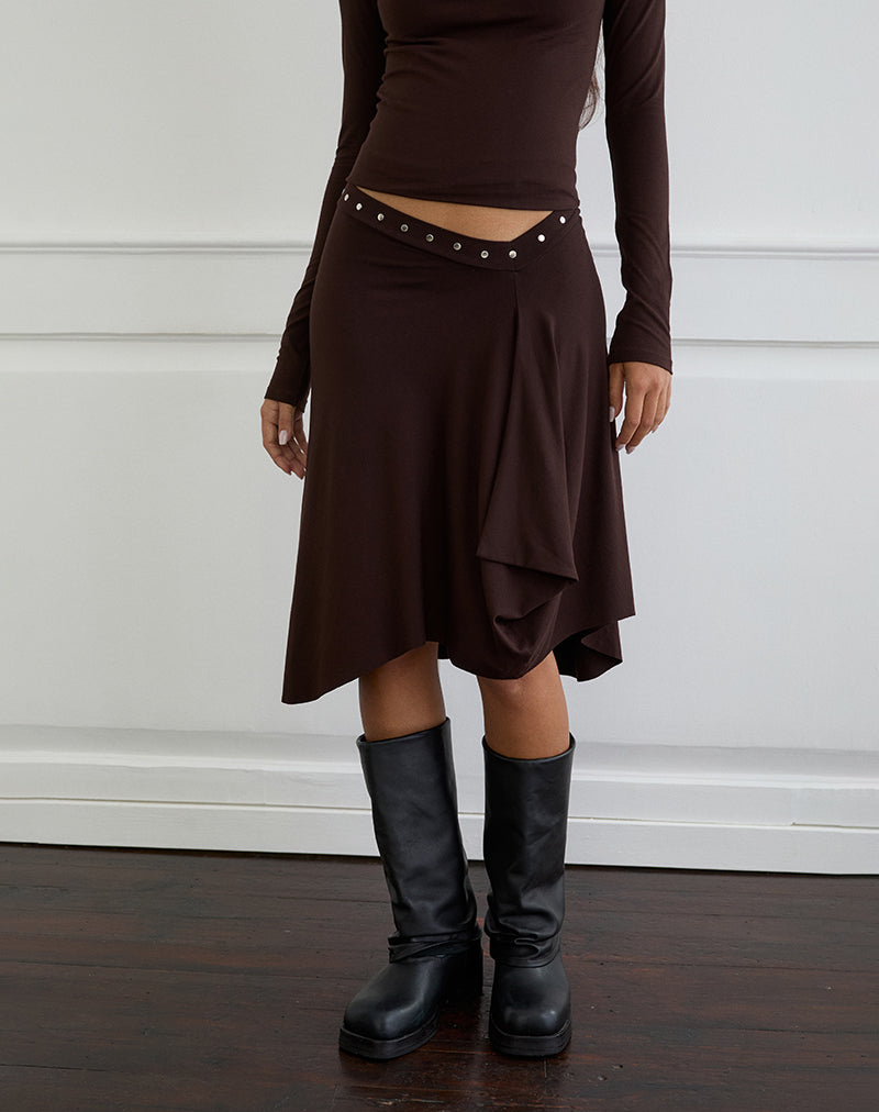 Emera Midi Skirt with Studs in Bitter Chocolate