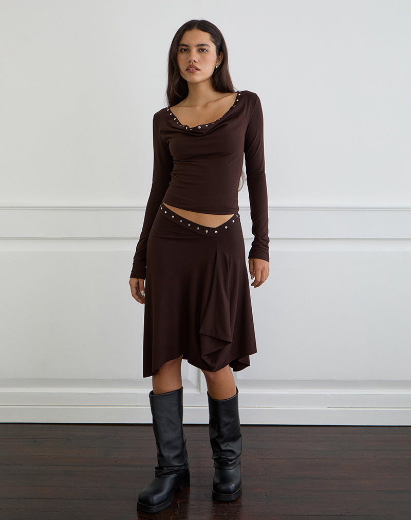 Emera Midi Skirt with Studs in Bitter Chocolate