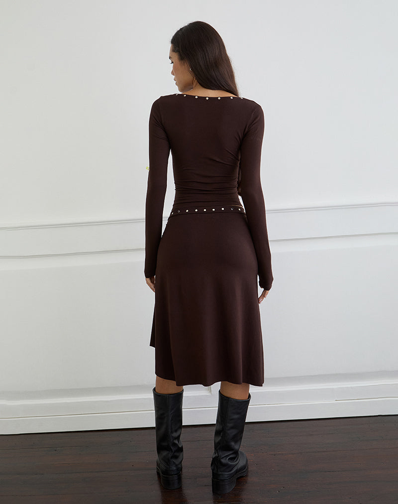 Emera Midi Skirt with Studs in Bitter Chocolate