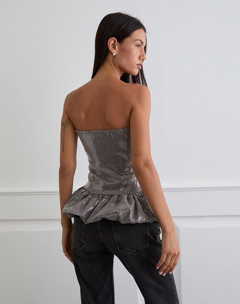 Seada Peplum Top in Sequin Check Brown