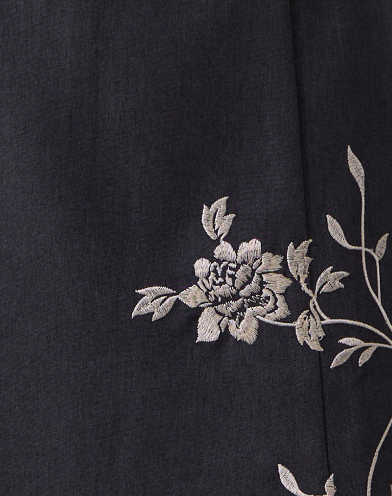 Sepzhi Midi Skirt in Vine Flower Embroidered Dark Charcoal