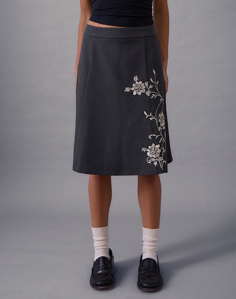 Sepzhi Midi Skirt in Vine Flower Embroidered Dark Charcoal