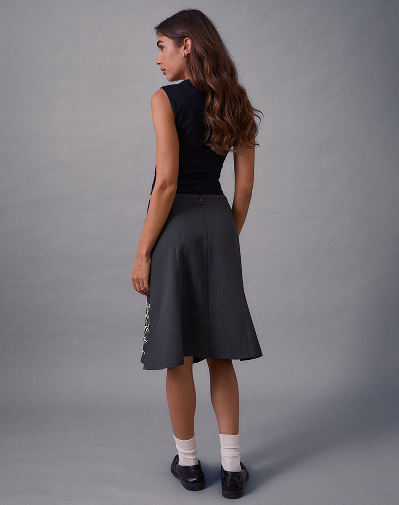 Sepzhi Midi Skirt in Vine Flower Embroidered Dark Charcoal