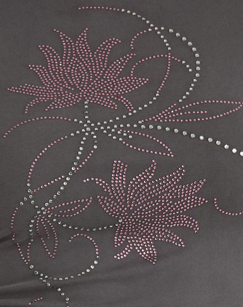 Sevila Long Sleeve Mini Dress in Cupro Diamante Flower Dark Grey