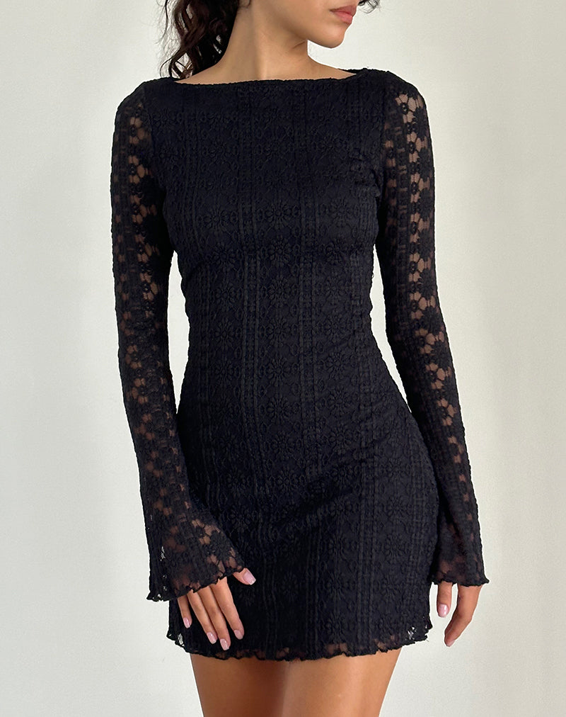 Sevila Long Sleeve Mini Dress in Regal Lace Black