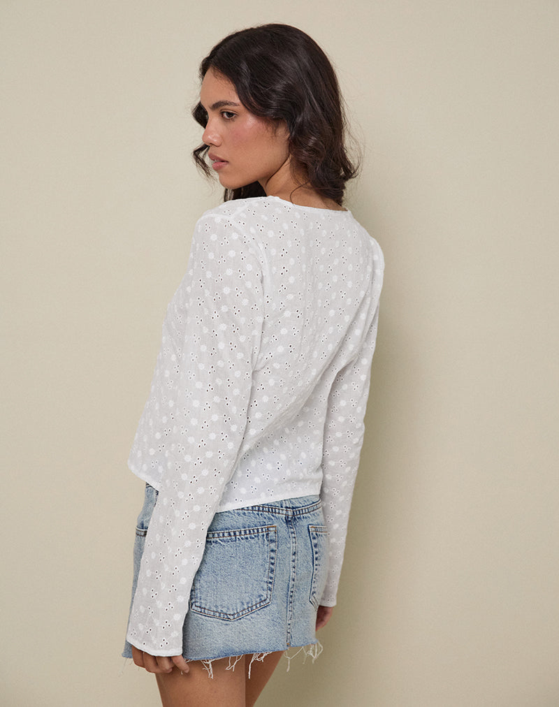 Sewindu Tie Front Long Sleeve Top in Broderie Ivory