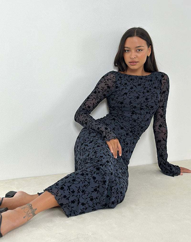 Shaleed Maxi Dress in Pretty Petal Flock Navy