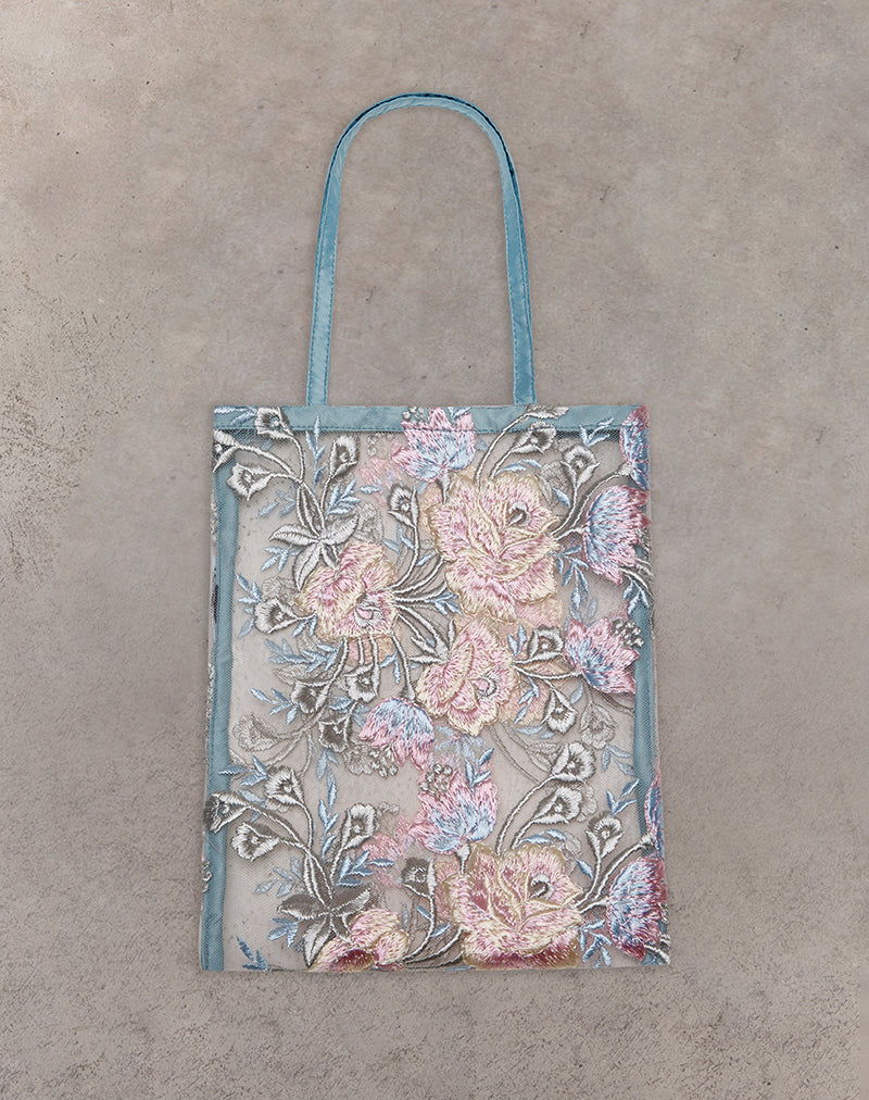 Shi Bag in Natural Lace Embroidery with Blue Satin Binding