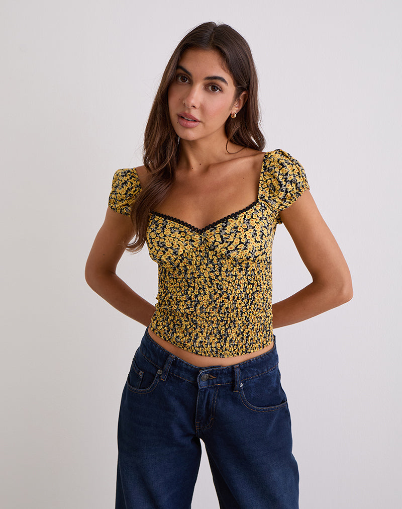 Shizu Cap Sleeve Top in Mini Bloom Yellow