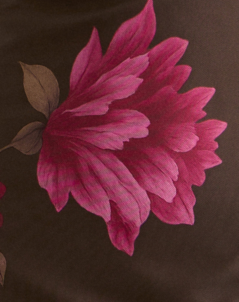 Silvra Halterneck Midi Dress in Brown with Pink Flower Print