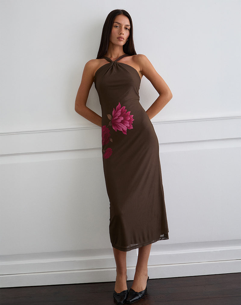 Silvra Halterneck Midi Dress in Brown with Pink Flower Print