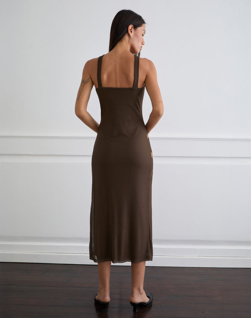 Silvra Halterneck Midi Dress in Brown with Pink Flower Print