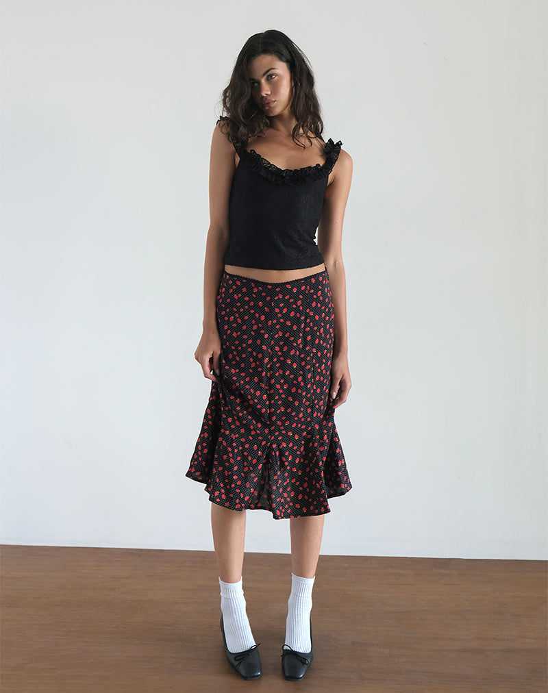 Sima Midi Skirt in Strawberry Polka Black