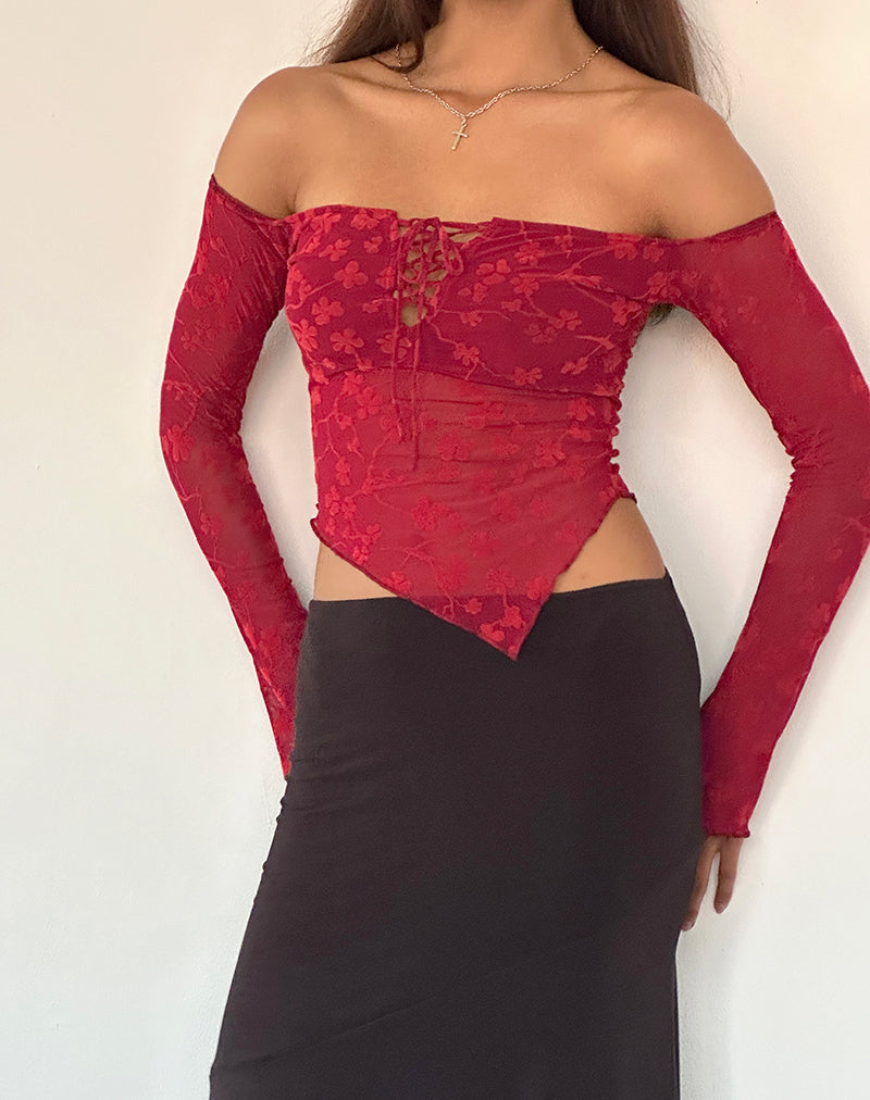 Sola Top in Grunge Floral Flock Red