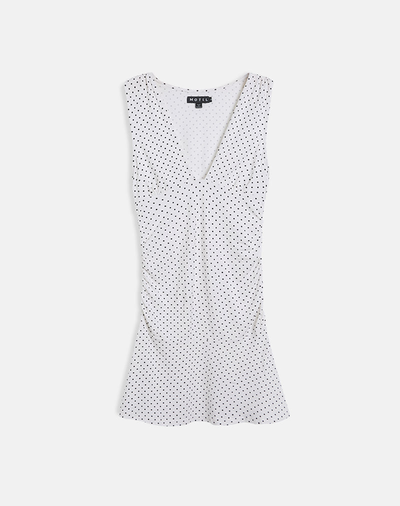Luscian Plunge Mini Dress in White with Micro Polka Black