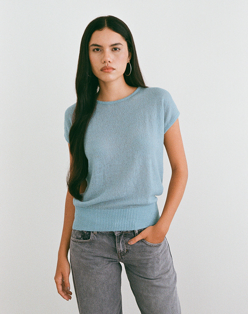 Sorin Deep Waistband Top in Knit Blue