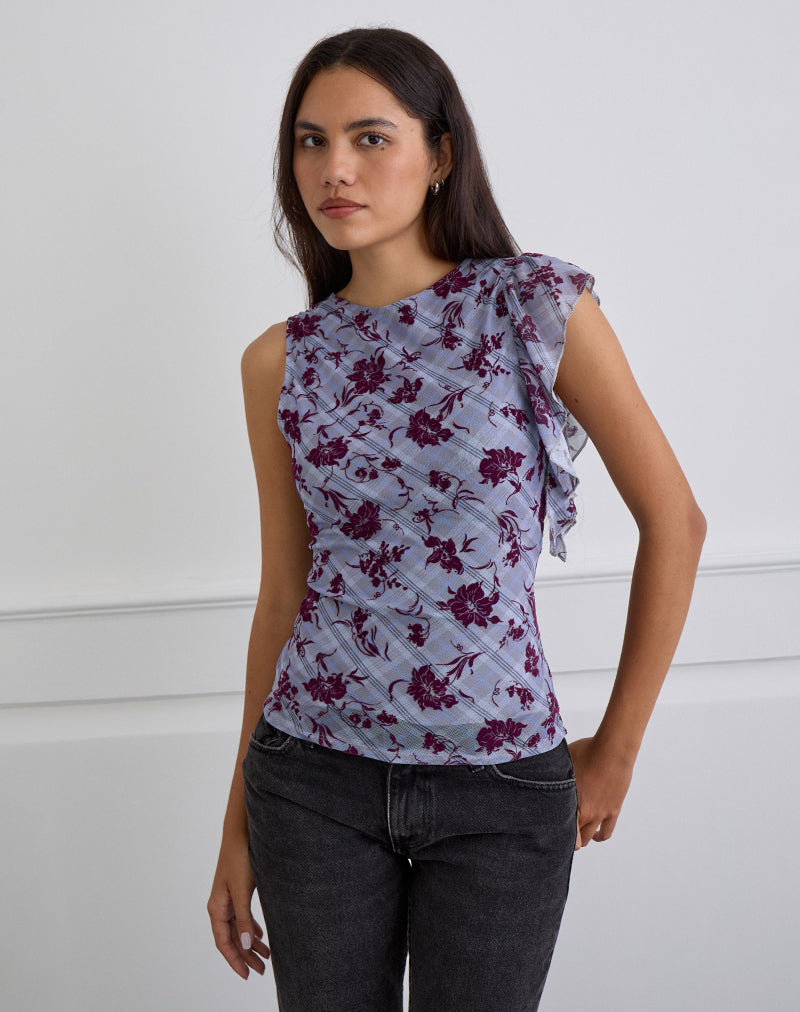 Soyan Asymmetrical Top in Lotus Flock Check Lavender