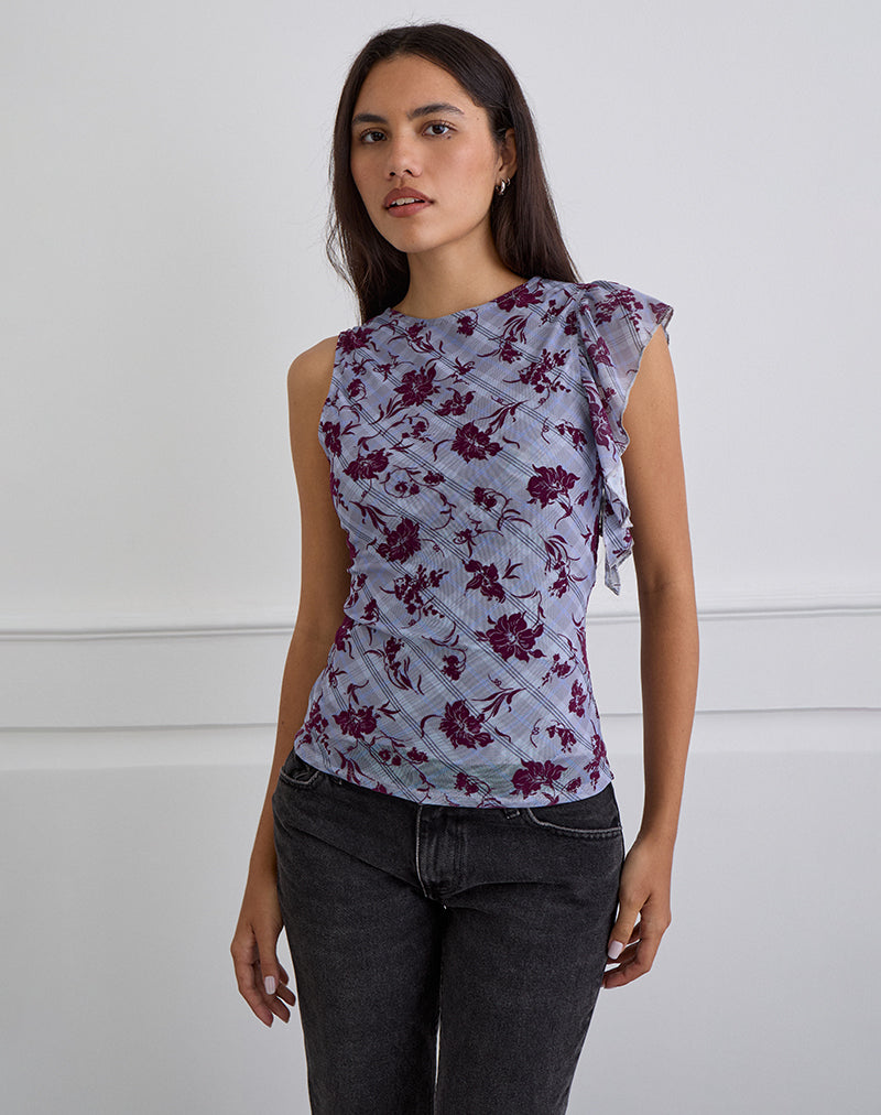Soyan Asymmetrical Top in Lotus Flock Check Lavender