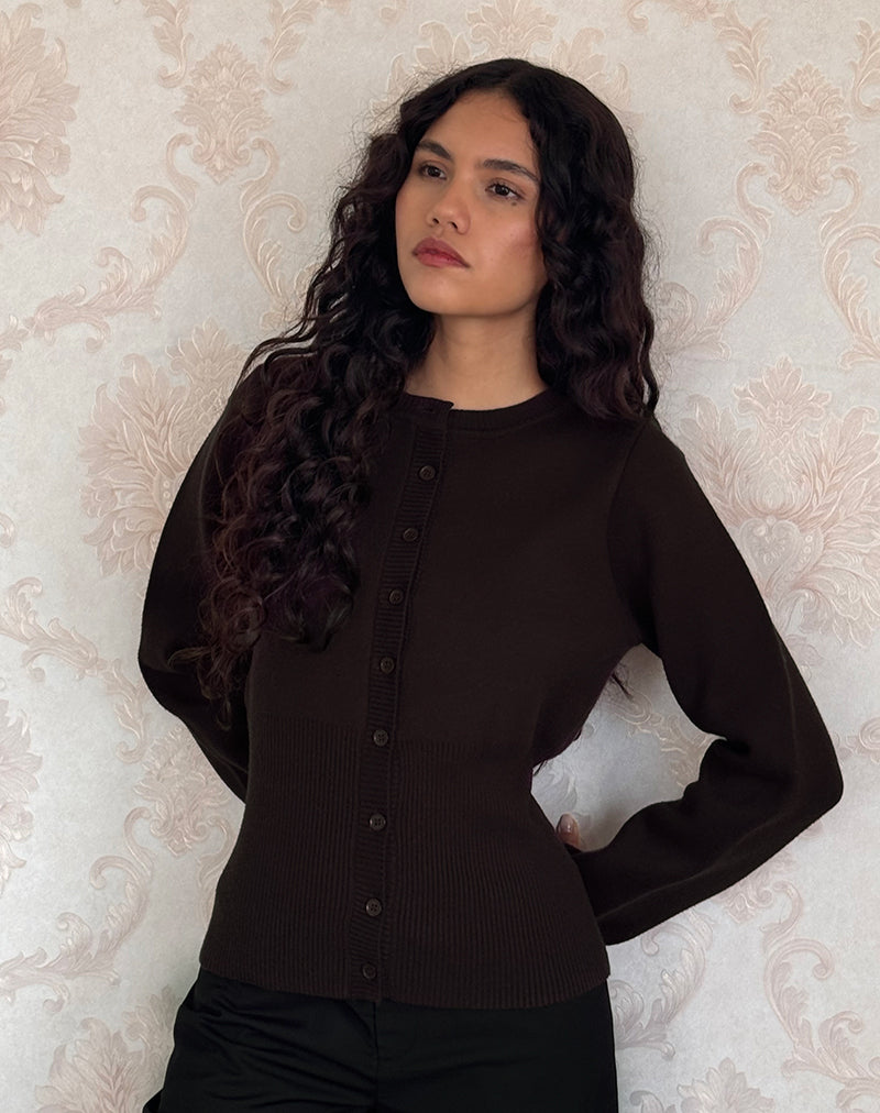 Subra Long Sleeve Ribbed Hem Cardigan in Bitter Chocolate