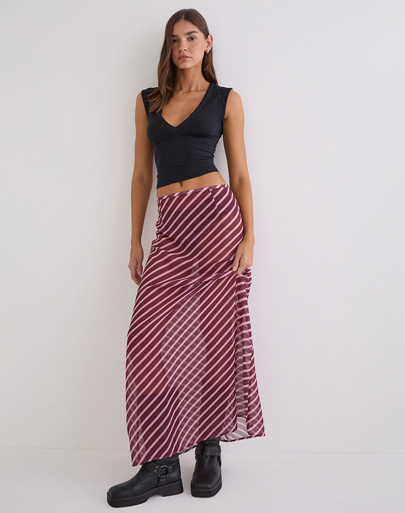 Surina Maxi Skirt in Tilted Stripe Chiffon Pink and Burgundy