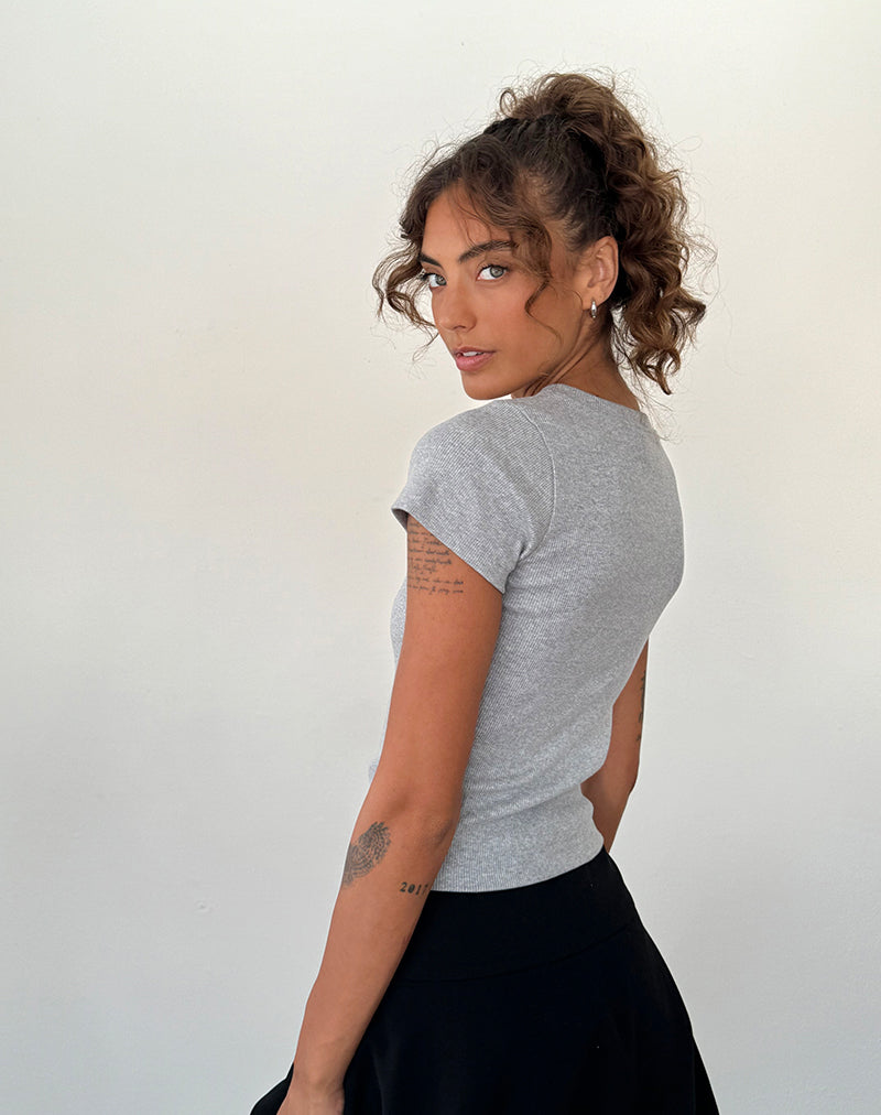 Suti Tee in Grey Marl with Cobalt Blue Bow Embroidery