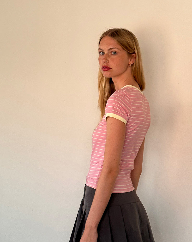 Sutin Baby Tee in Pink Stripe Combi Cherry Embroidery