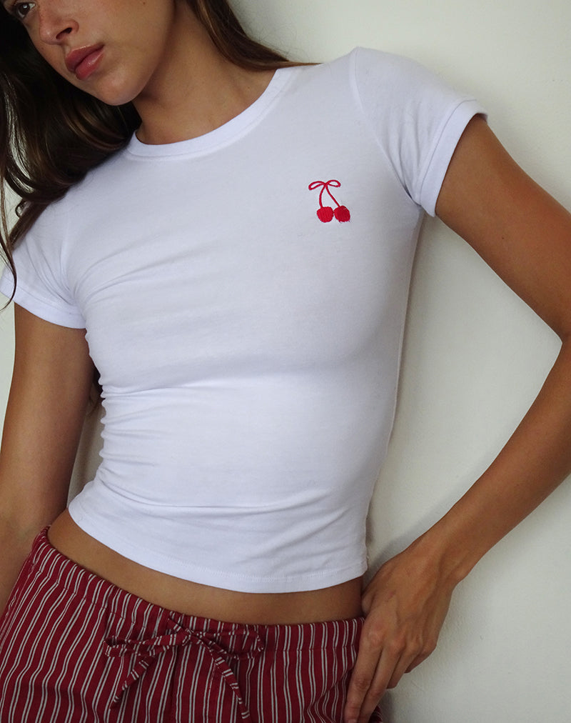 Sutin Tee in White with Red Cherry Embroidery