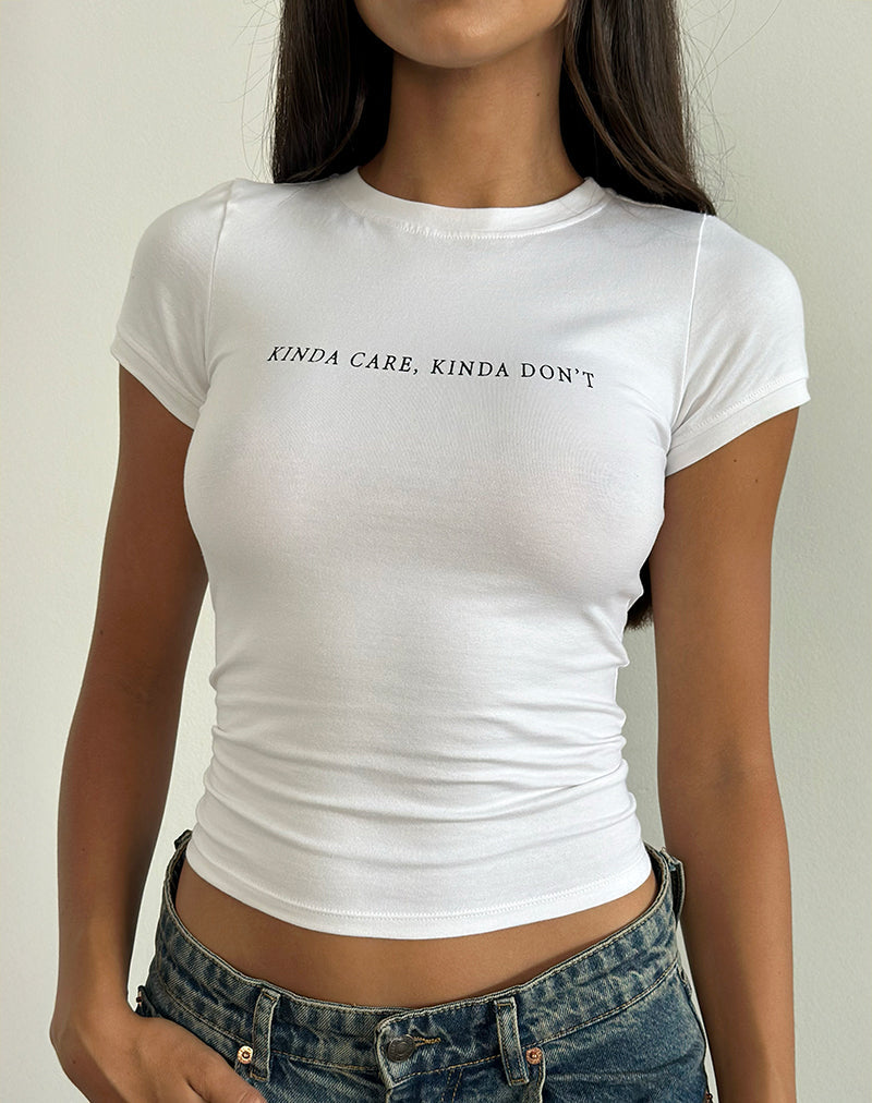 Sutin Top in White with Kinda Care Kinda Don't Graphic
