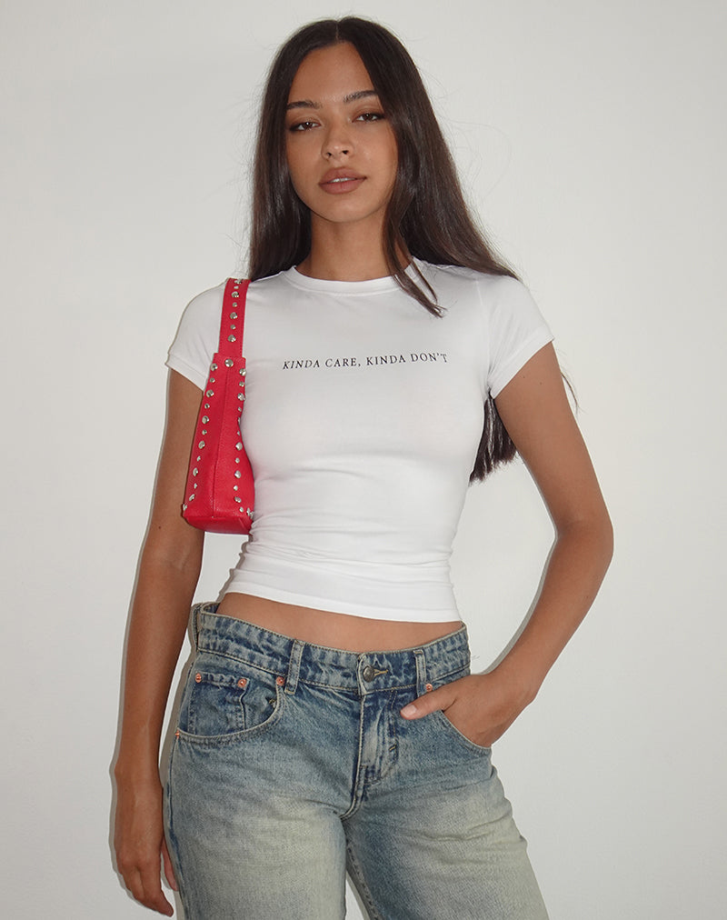 Sutin Top in White with Kinda Care Kinda Don't Graphic