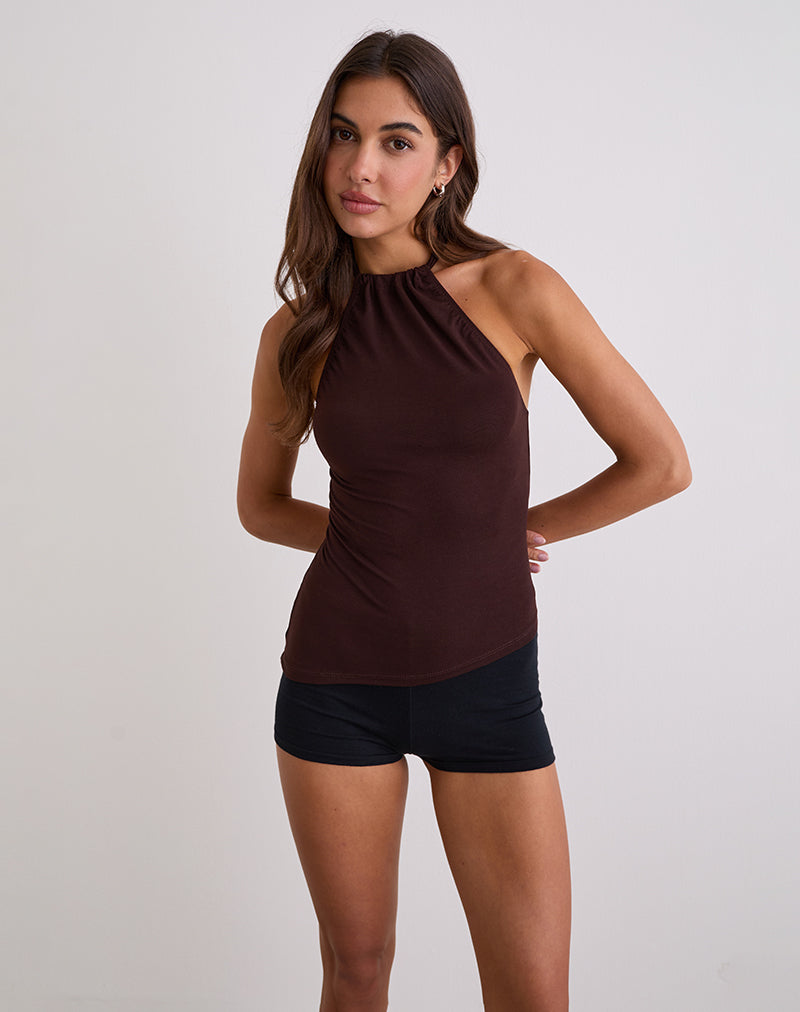 Sadra Halter Top in Rayon Jersey Bitter Chocolate